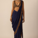 Deep Blue Georgette Silver Tassels Draped Saree Set