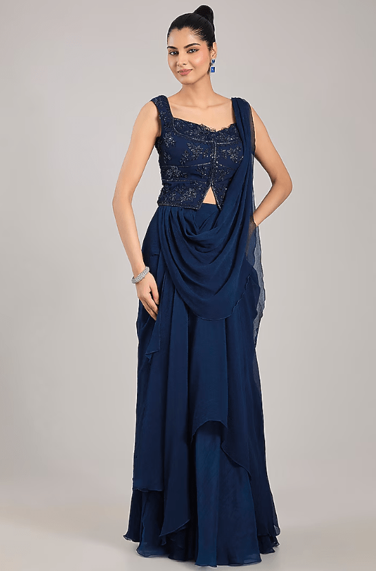 Navy Blue Georgette Draped Saree Set