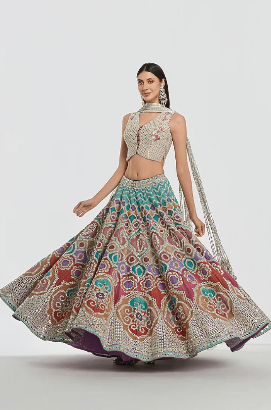 Multi-Colored Chanderi Mirror Work Lehenga Set