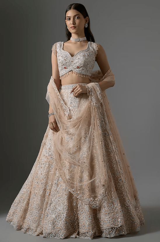 Peach Net Embroidered Lehenga Set
