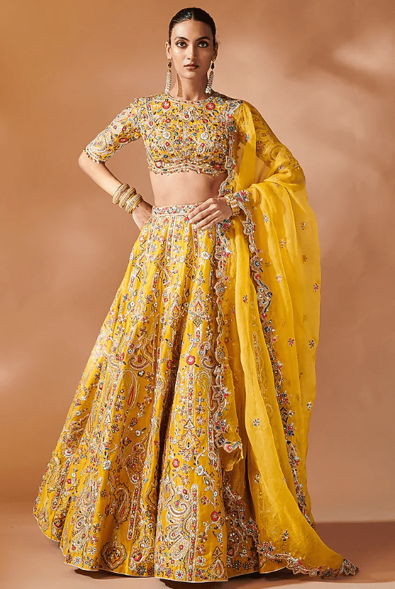 Mustard Chanderi Gota Embroidered Lehenga Set