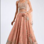 Salmon Peach Tissue Silk Aari Embroidered Lehenga Set