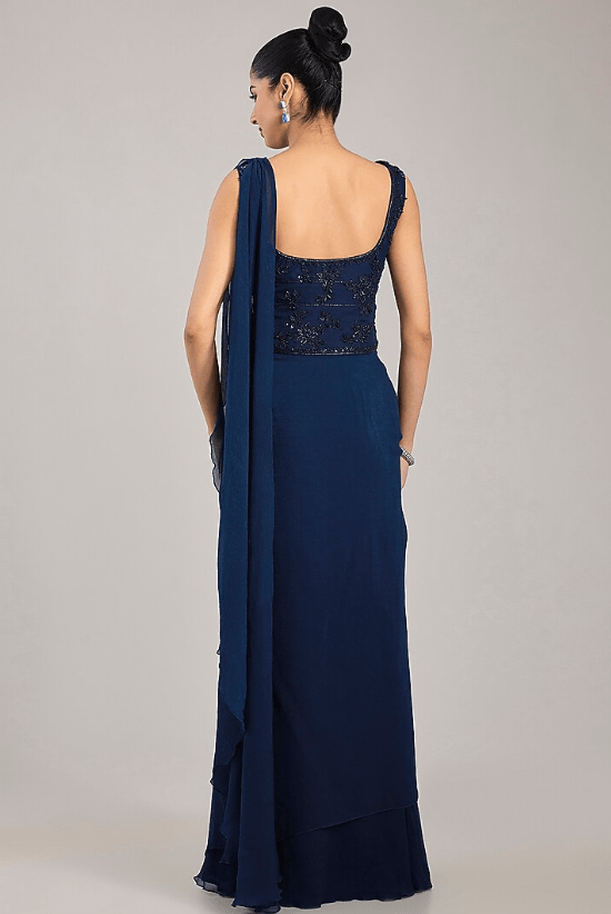 Navy Blue Georgette Draped Saree Set - Image 2