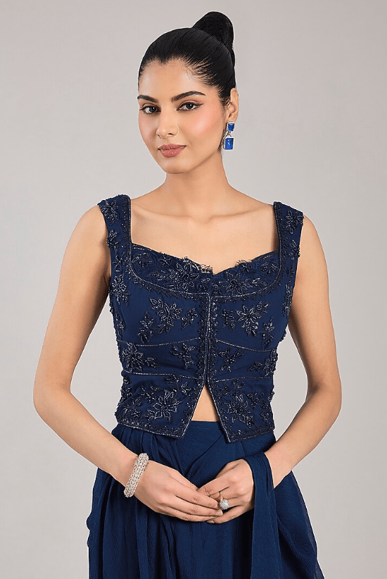 Navy Blue Georgette Draped Saree Set - Image 3