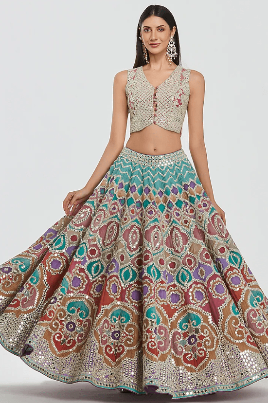 Multi-Colored Chanderi Mirror Work Lehenga Set - Image 3
