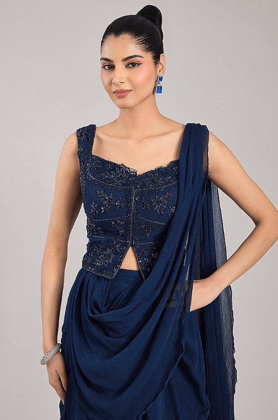 Navy Blue Georgette Draped Saree Set - Image 4