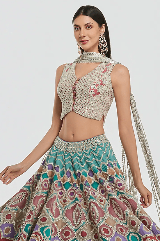 Multi-Colored Chanderi Mirror Work Lehenga Set - Image 4