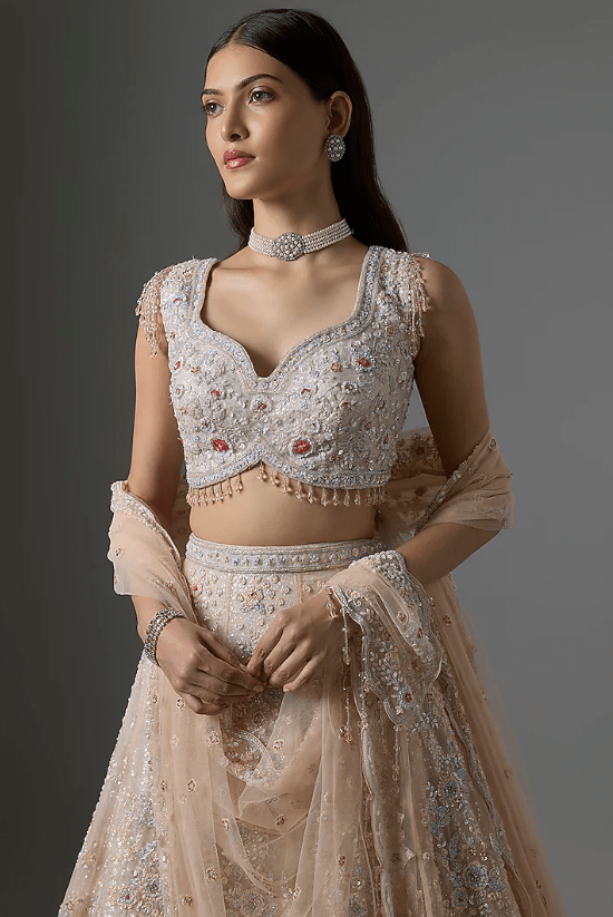 Peach Net Embroidered Lehenga Set - Image 4