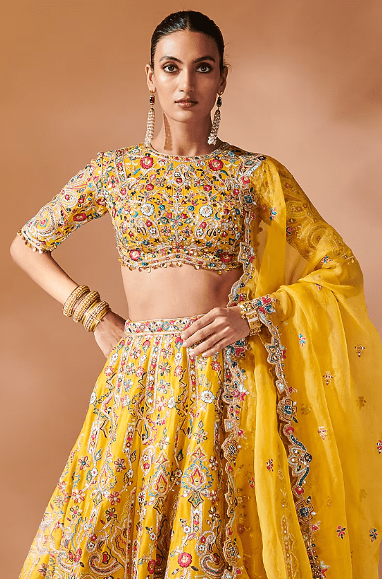 Mustard Chanderi Gota Embroidered Lehenga Set - Image 3