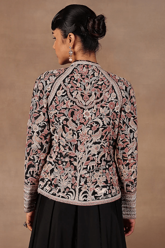 Black Silk Resham Embroidered Jacket - Image 4