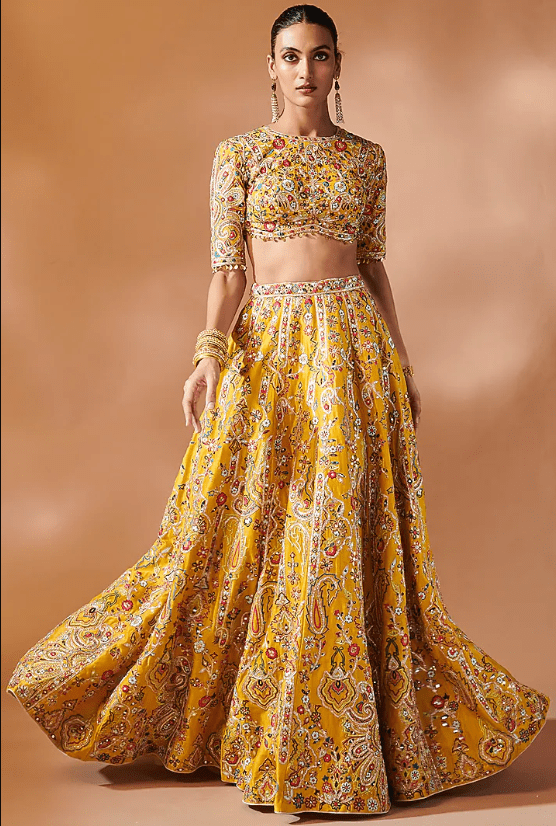 Mustard Chanderi Gota Embroidered Lehenga Set - Image 4