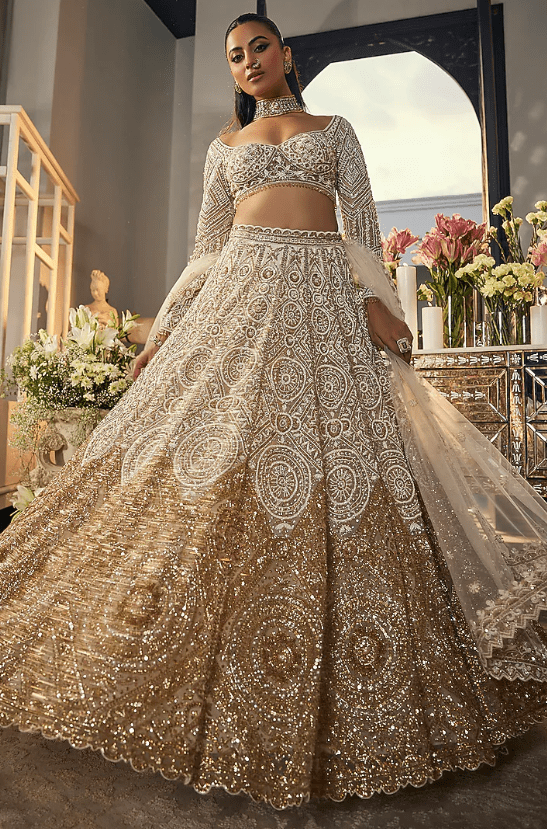 Ivory & Gold Net Sequins & Cutdana Embroidered Lehenga Set