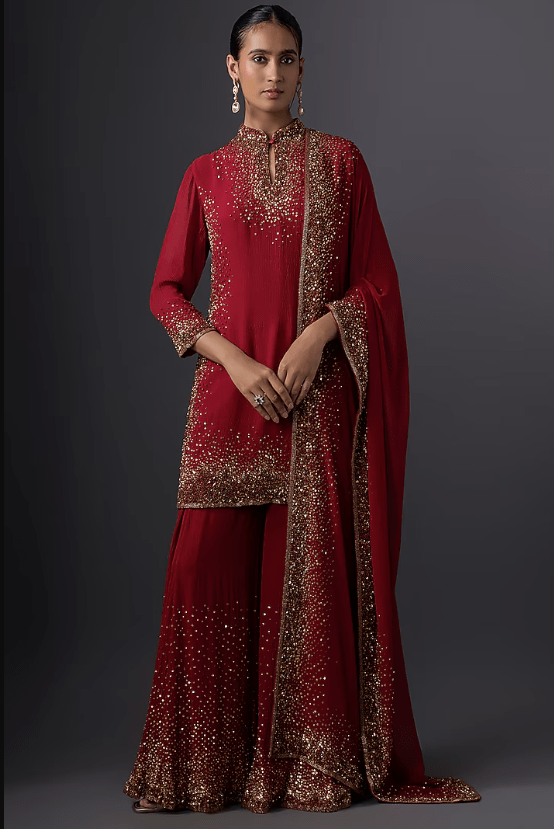 Red Chiffon Sequins Embroidered Kurta Set
