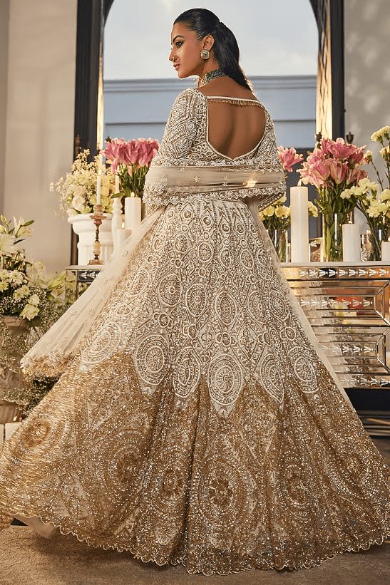 Ivory & Gold Net Sequins & Cutdana Embroidered Lehenga Set - Image 2