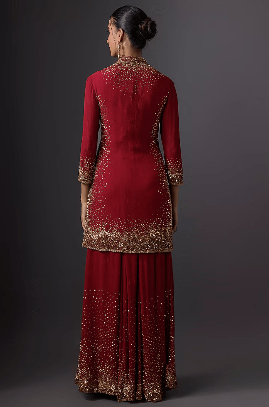 Red Chiffon Sequins Embroidered Kurta Set - Image 2