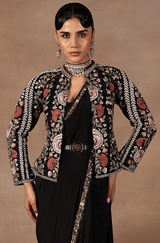 Black Silk Resham Embroidered Jacket - Image 2