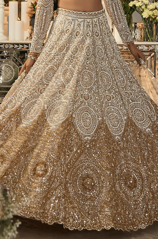 Ivory & Gold Net Sequins & Cutdana Embroidered Lehenga Set - Image 3