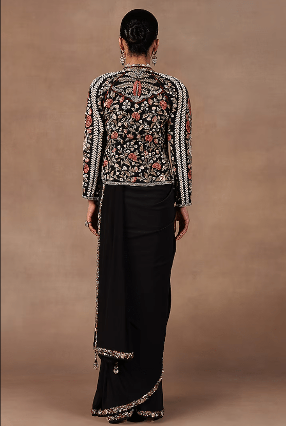 Black Silk Resham Embroidered Jacket - Image 3