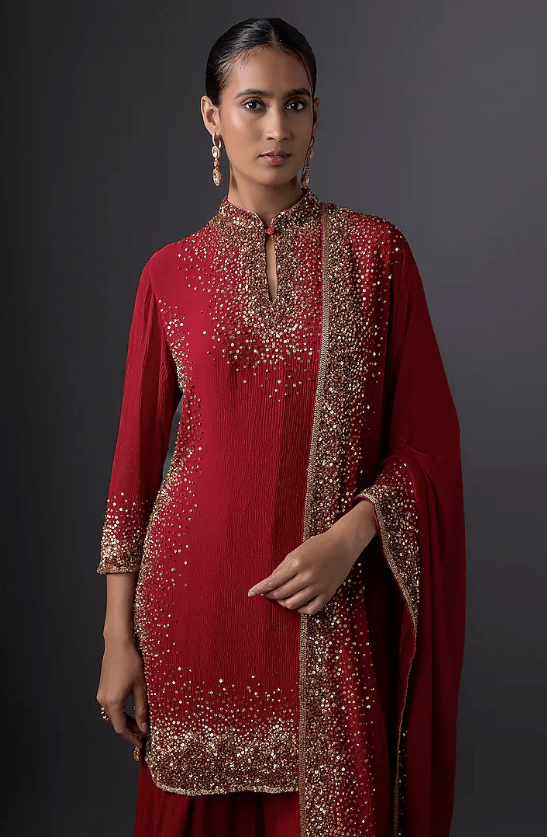 Red Chiffon Sequins Embroidered Kurta Set - Image 4