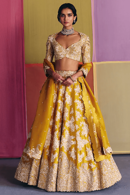 Yellow Silk Zardosi & Pearl Embroidered Lehenga Set