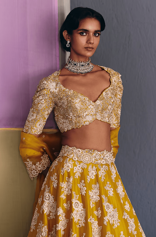 Yellow Silk Zardosi & Pearl Embroidered Lehenga Set - Image 2