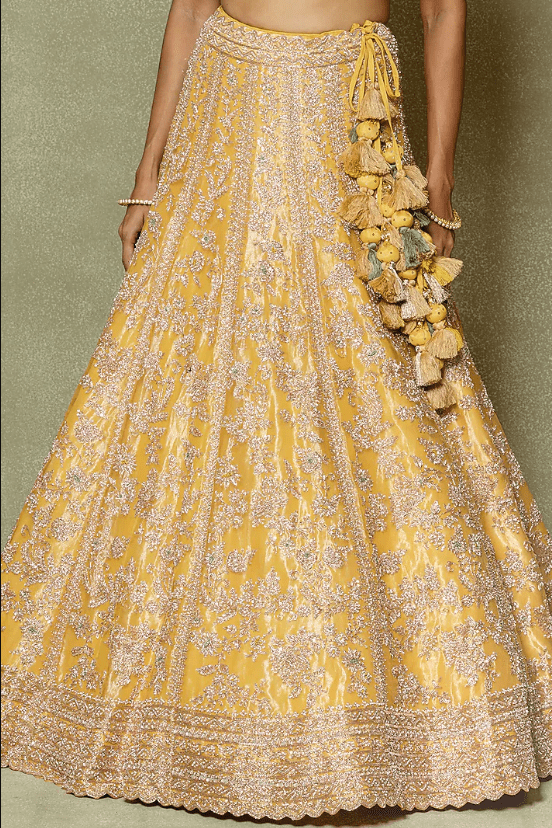 Yellow Silk Zardosi & Sequin Embroidered Lehenga Set - Image 3