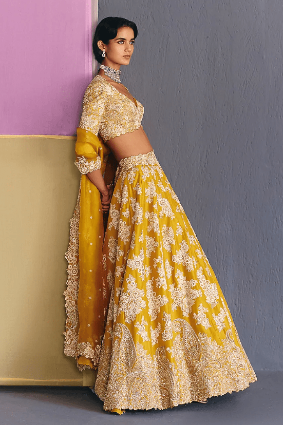 Yellow Silk Zardosi & Pearl Embroidered Lehenga Set - Image 3