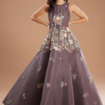 Purple Organza Floral Motif Embroidered Gown