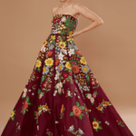Wine Organza Embroidered Gown