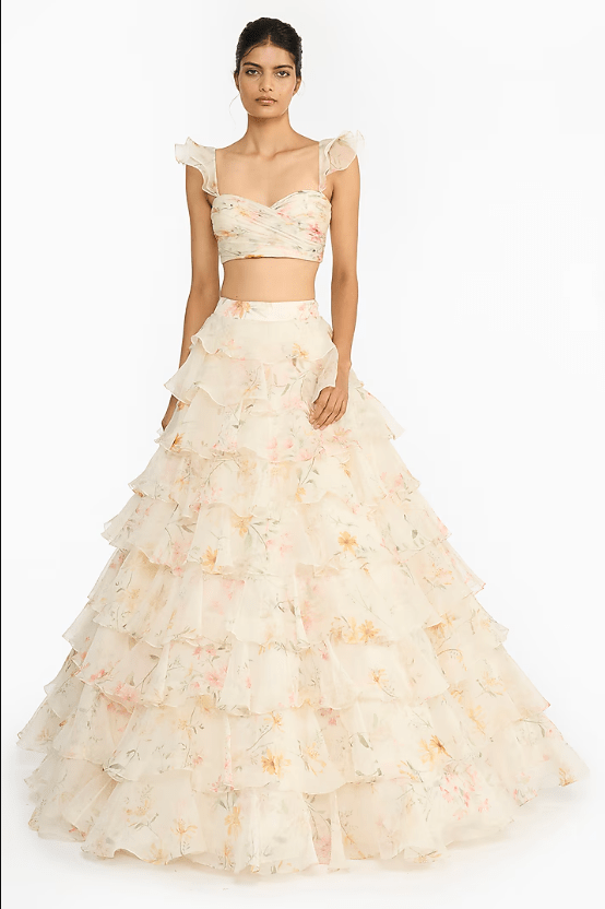 Pink & Yellow Silk Organza Printed Layered Ruffled Lehenga Set