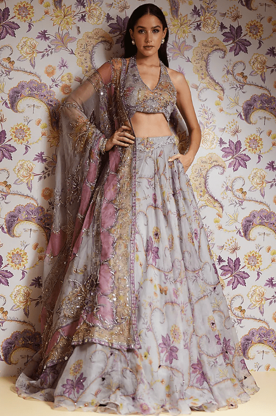 Steel Lilac Silk Organza Hand Embroidered Lehenga Set