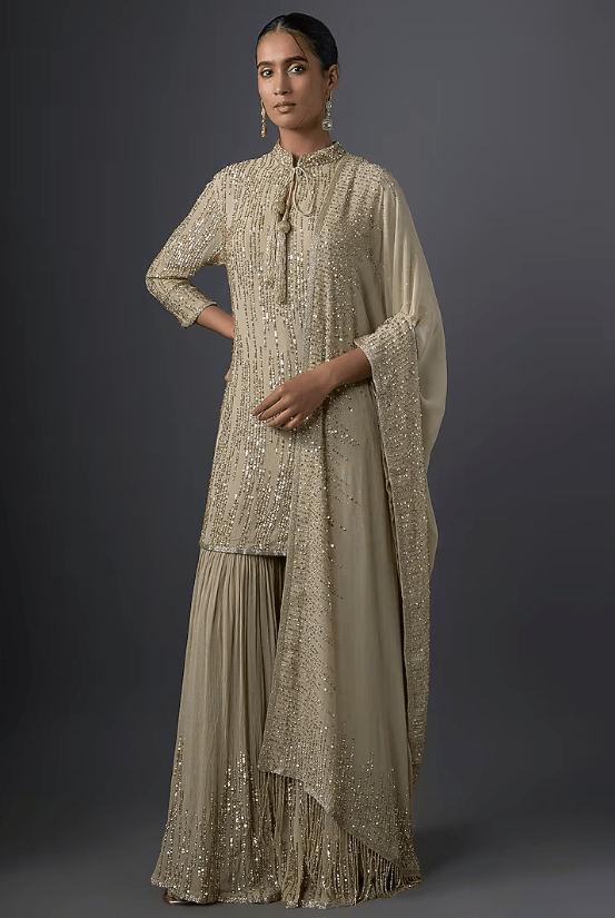 Mushroom-Colored Chiffon Sequins Embroidered Gharara Set