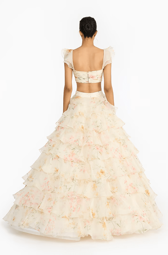 Pink & Yellow Silk Organza Printed Layered Ruffled Lehenga Set - Image 2