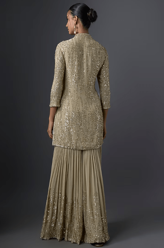 Mushroom-Colored Chiffon Sequins Embroidered Gharara Set - Image 2