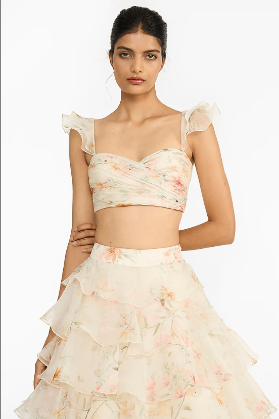 Pink & Yellow Silk Organza Printed Layered Ruffled Lehenga Set - Image 3