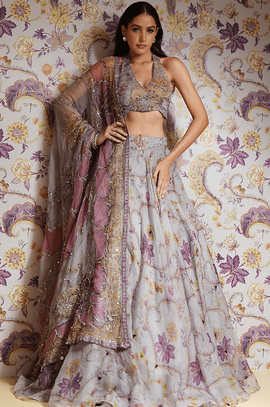 Steel Lilac Silk Organza Hand Embroidered Lehenga Set - Image 3