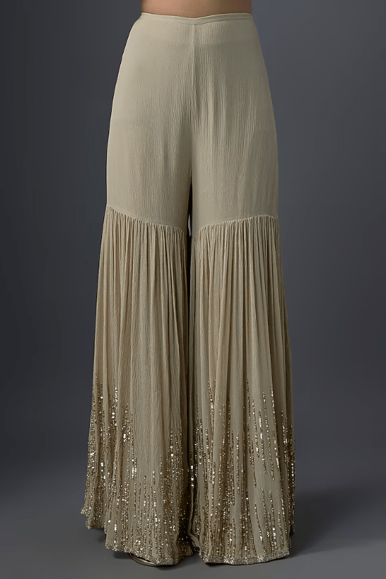 Mushroom-Colored Chiffon Sequins Embroidered Gharara Set - Image 3