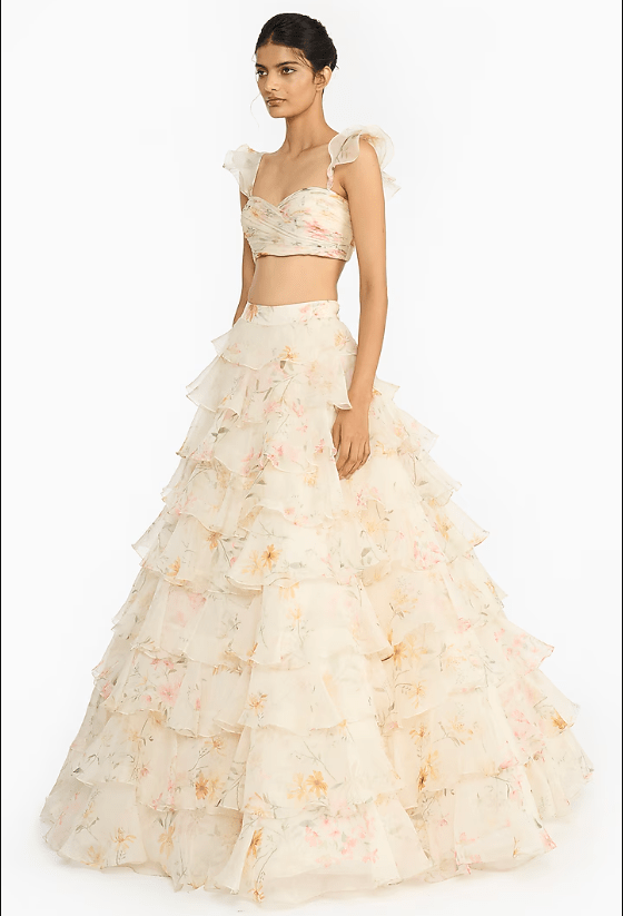 Pink & Yellow Silk Organza Printed Layered Ruffled Lehenga Set - Image 4