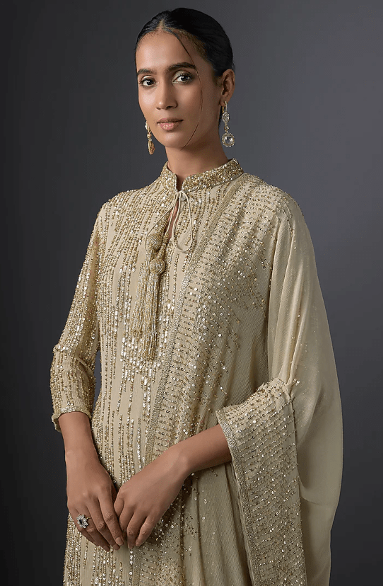 Mushroom-Colored Chiffon Sequins Embroidered Gharara Set - Image 4