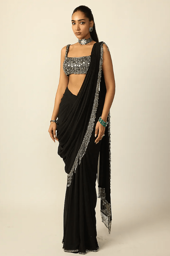 Black Georgette Draped Saree Set