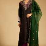 Black Habutai Silk Resham Work Kurta Set