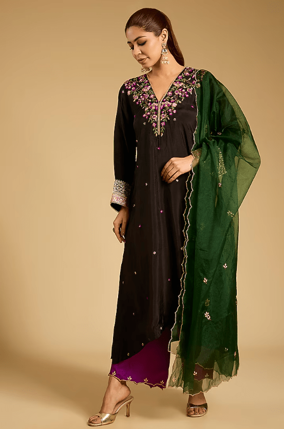 Black Habutai Silk Resham Work Kurta Set