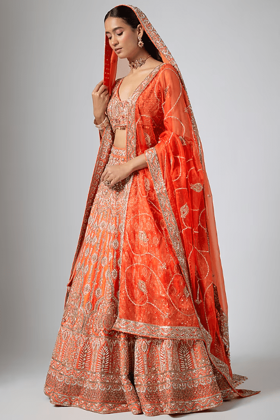 Orange Dola Silk Zardosi Embroidered Lehenga Set