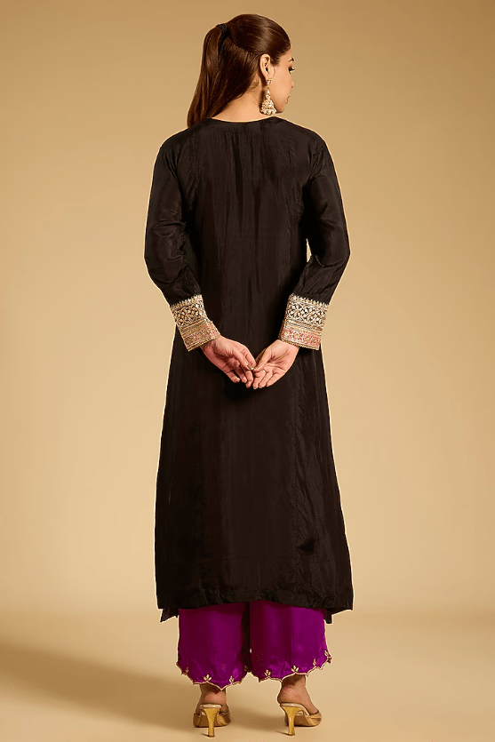Black Habutai Silk Resham Work Kurta Set - Image 2
