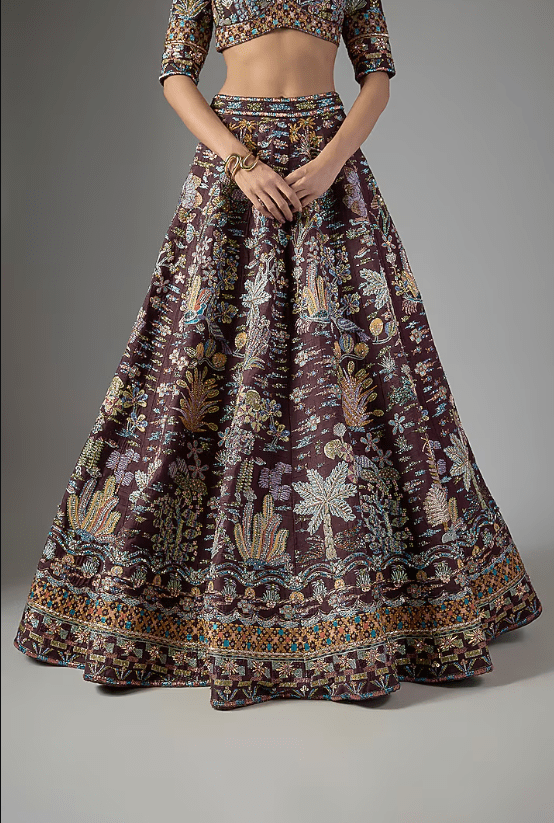 Teakberry Raw Silk & Tulle Applique Embellished Lehenga Set - Image 3