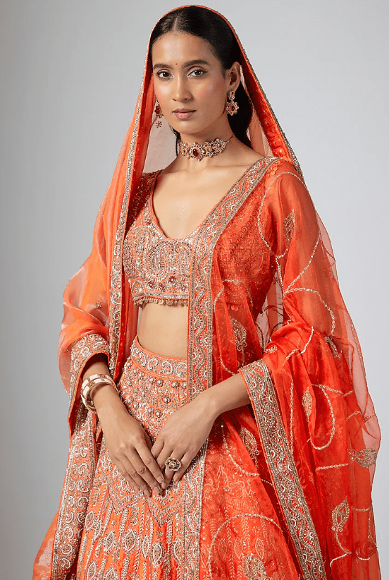 Orange Dola Silk Zardosi Embroidered Lehenga Set - Image 3
