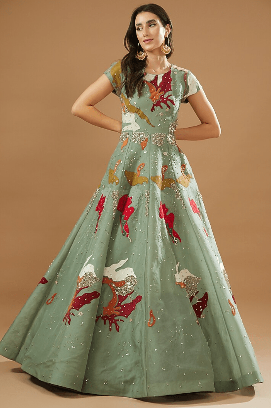 Sage Green Organza Embroidered Gown
