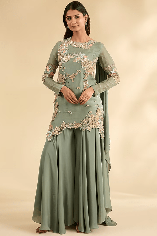 Green Crepe Sharara Set