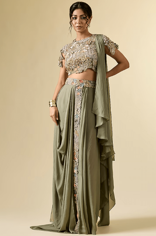 Green Crepe Hand Embroidered Draped Skirt Set