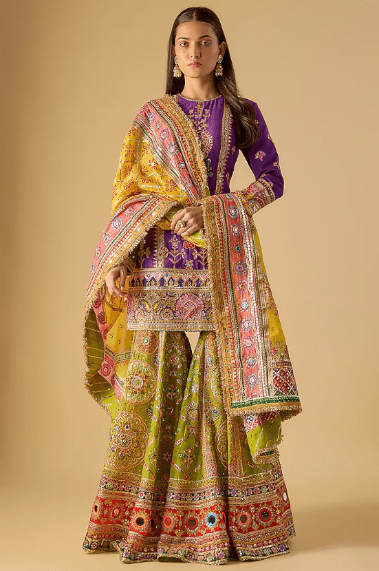 Green Chanderi Mirror & Sequins Embroidered Gharara Set
